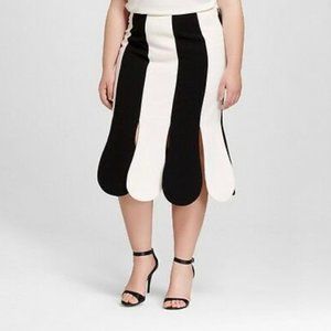 -Striped Black & White Scallop Midi Skirt